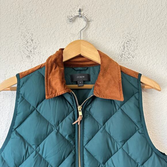 J.CREW Excursion Quilted Puffer Vest Green Down Feather Corduroy Trim - Picture 3 of 12